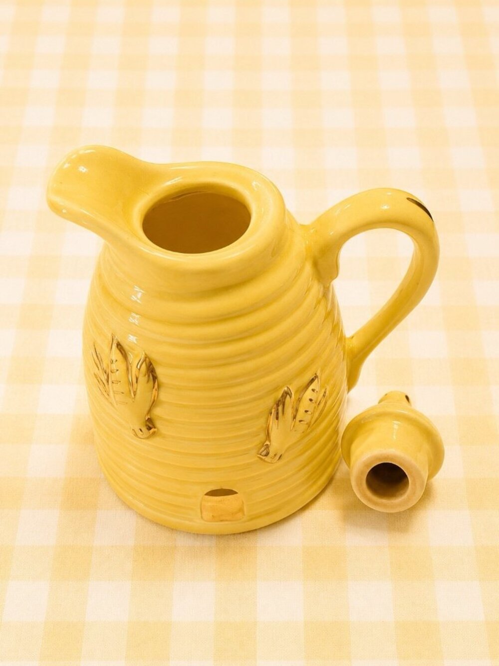 Vintage Beehive Honey Pot Yellow Ceramic Gold Bee Details 4.5” - Picture 8 of 10